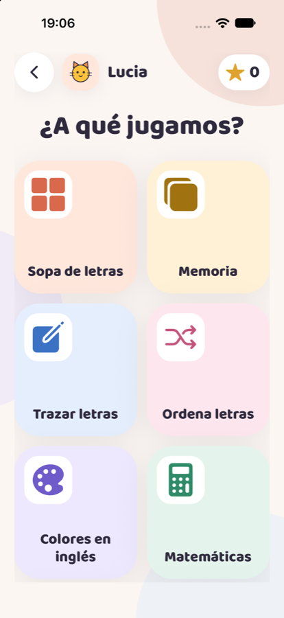 Pantalla de inicio de Letrikis con los juegos